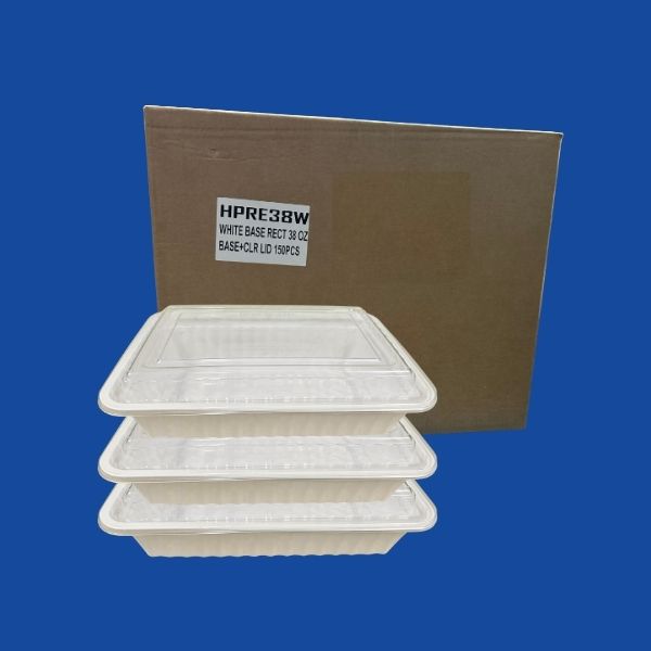 A stack of four closed 38oz white rectangular container sets shown next to their master corrugated shipping box