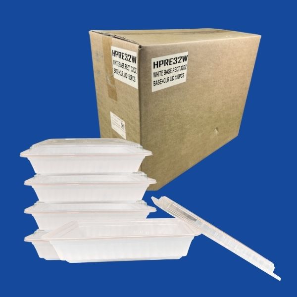 A stack of four closed 32oz white rectangular container sets shown next to their master corrugated shipping box