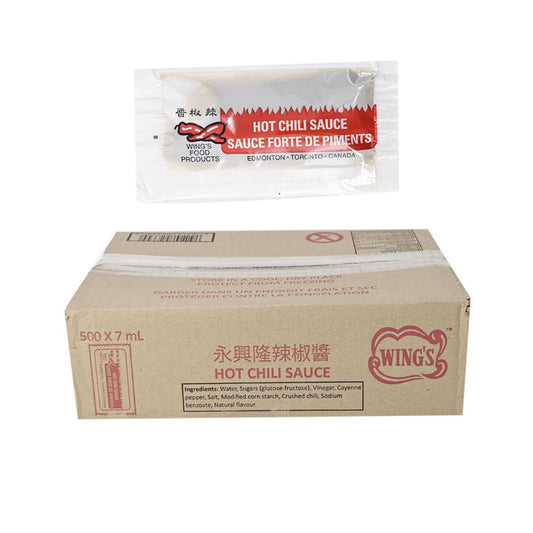 Bulk 500 count case of Wing's Hot Chili Sauce portion packets with one sachet displayed