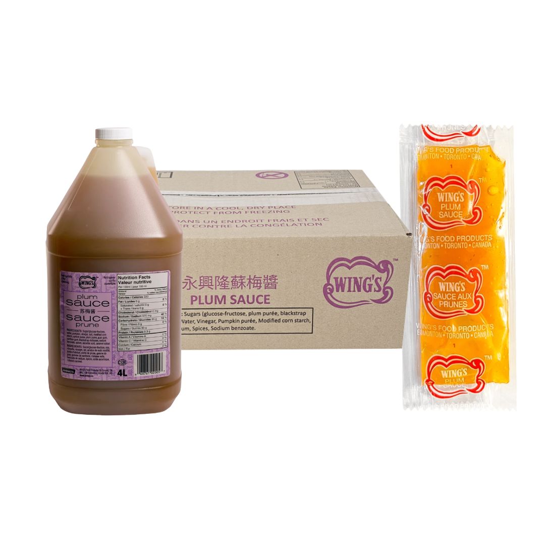 Large 4L jug of Wing’s Plum Sauce with purple label and white handle for food service.