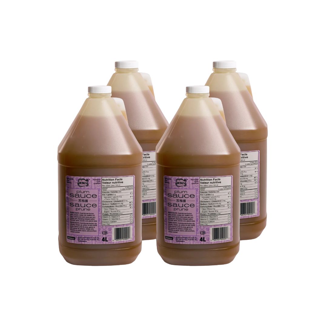 Large 4L jug of Wing’s Plum Sauce with purple label and white handle for food service
