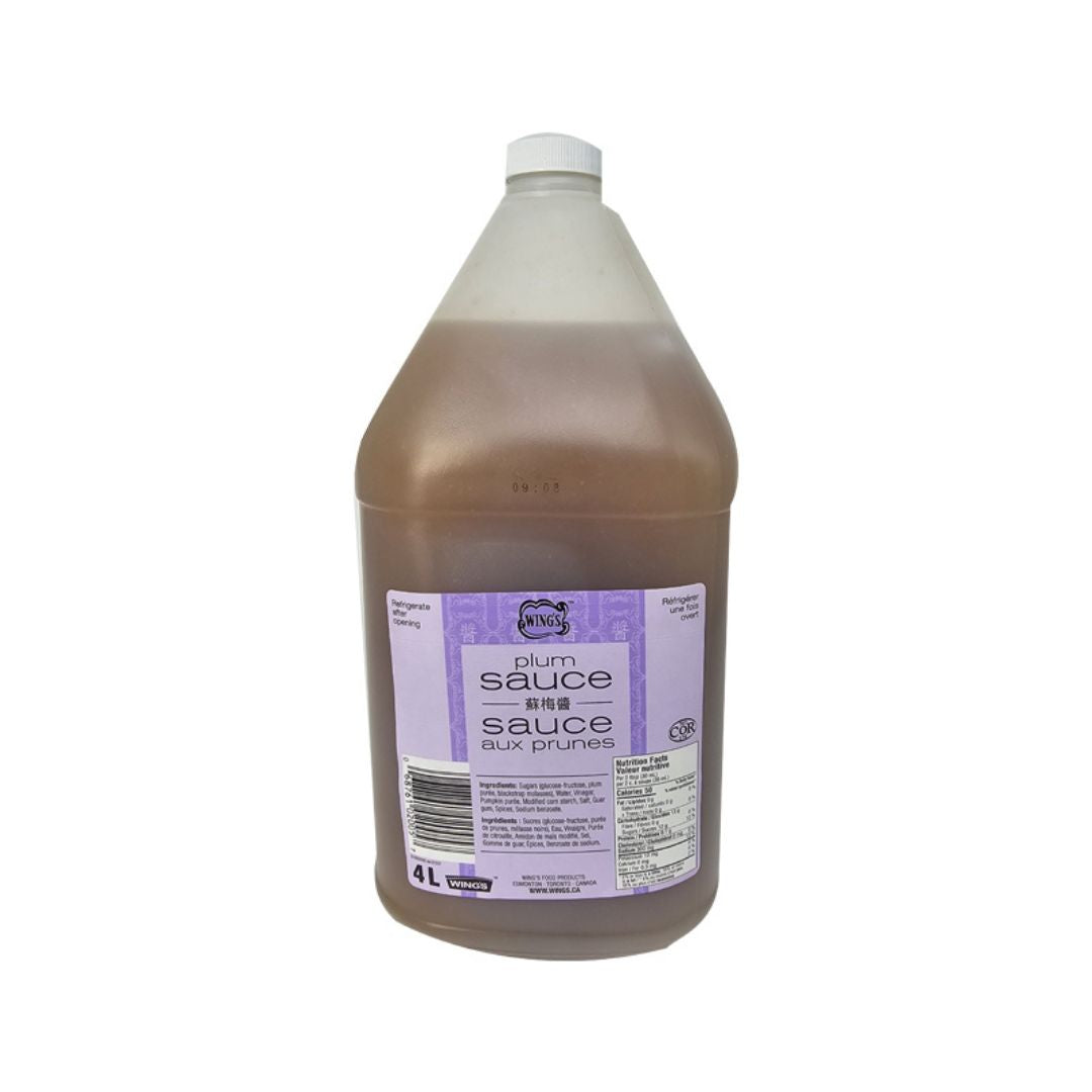 Detailed nutrition facts and ingredients label for Wing’s Plum Sauce 4L container.