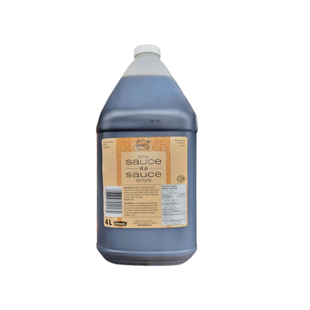 4 liter bulk jug of Wing's Soy Sauce for professional food service use